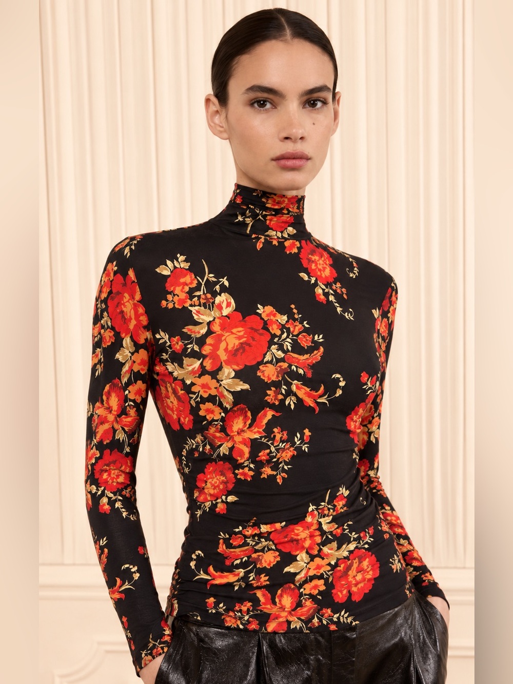 Reformation Floral Mock Neck Long Sleeve Top Black Red Size S